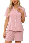 Lovasy Pyjama Coton Femme Short Ensemble Pyjamas Légers Col V Manches Courtes Chic Été 2 Pièces Vêtements de Nuit Court Boutonnée A Rose S