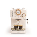 CREATE / THERA RETRO MATT/Cafetière express semi-automatique blanc cassé et bois / 20 bar, bras à double écoulement, réservoir 1,25L, café moulu et monodose ESE 55mm, avec steamer, 1100W