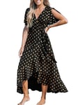 CUPSHE Women Summer Wrap Maxi Dress Casual Split Flared Sleeve V-Neck Ditsy Dress Tie Waist Ruffle Beach Dress Black XS