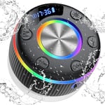 Enceinte Douche Bluetooth 5.3, Enceinte Portable Etanche IP7, Mini Speaker sans Fil 360° Stéréo, Lumières LED Colorées, Ventouse Puissante, Haut-Parleur de Douche avec Micro et Mains Libres, USB-C