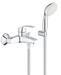 GROHE Eurosmart Single-Lever Bath Mixer, Wall Mounted Tap for The Bathtub with Hand Shower, Hose and Holder Chrome Finish 3330220A
