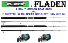 2 NEW RON THOMPSON 6ft BOAT RODS+CHIEFTAIN 30 MULTIPLIER REELS WITH 30lb LINE