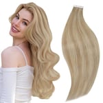 RUNATURE Extension Adhesive Cheveux Naturel Blond Bande Adhesive Extension de Cheveux Blond Foncé avec Blond Adhesif Extension Cheveux Naturel Court 12 Pouces/30cm 20 Pièces/30g #16P22