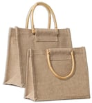 IPEA 2x Sac Toile Jute Naturel avec Poignées en Bois pour Shopping, Dépenser et Temps Libre - 2 Pièces - Shopper Jute Véritable - Sac Cabas pour Soirée, Mer, Plage - Design Rétro Elégant - 26 x 23 cm