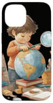 Coque pour iPhone 14 Enfant curieux explorant le globe illustration