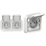 LEGRAND - Prise Etanche Double IP55 avec Terre Plexo - Prise 2P+T 16A Complète avec Volet & 069870 Prise de Courant Étanche avec Éclips de Protection Plexo, Complet Encastré, 2P+T, 16A