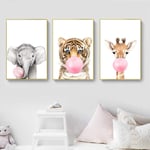 zszy Safari Animal Tiger Giraffe Leopard Canvas Painting Pink Bubble Gum Nursery Poster Print Wall Art Pictures for Kids Living Room-40x50cmx3 pcs no frame