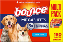 Bounce Pet Hair and Lint Guard Mega Fabric Softener Dryer Sheets with 3X Pet 180