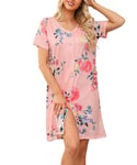 Lovasy Chemise de Nuit Femme Coton Nuisette Sexy Manches Courtes Robe de Nuit Bouton Devant Babydoll Grande Taille Vêtements de Nuit Col en V avec Poches Latérales B Rose-Fleurs L