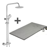 Pack Receveur de douche 90 x 90 cm extra plat gris + Colonne de douche thermostatique chromee