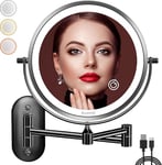 Auxmir Miroir Grossissant Lumineux Maquillage Miroir Mural, Double Grossissement 1x/10x Écran Tactile Réglable à 3 Couleurs Charge USB 360 ° Pivotant Extensible, Noir, pour Salle de Bain Hôtel Maison