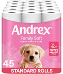 Andrex Family Soft Toilet Tissue 45 Toilet Rolls (Previously Andrex Gentle Clean Toilet Paper), Gentle on your Family’s skin– Bulk Pack of 45 Toilet Rolls, Packaging May Vary