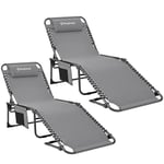 KingCamp Lot de 2 Chaise de Jardin Pliable 5 Positions Réglable, Bain de Soleil Pliants, Lit de Camping Pliant avec Oreiller et Poche Charge Max 120kg Transat Pliable pour Plage Jardin Camping Voyage