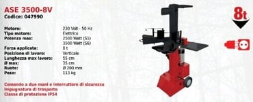 Fendeuse à Bois Éléctrique Vertical Attila Ase 3500-8V Avec Moteur 230 Volt