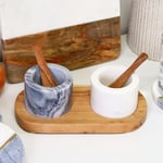 Marble Salt And Pepper Pots On Acacia Wood Tray Grey White Smooth Stone Serving