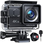 WOLFANG Caméra Sport GA100 4K 30FPS, Caméscope WiFi de 20 MP, Caméra Étanche sous-Marine 40 m avec Double Microphone, télécommande, EIS Anti-Vibration, Batterie 2 x 1050 mAh, Divers Accessoires