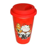 lachineuse - Mug Chat Maneki Neko 300ml avec Couvercle - Mug Rouge en Porcelaine - Mug Japonais Original à Thé & Café - Couvercle Isotherme - Chat Japonais Kawaii Lucky Cat - Tasse Idée Cadeau