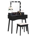 ANWBROAD Coiffeuse Table de Maquillage avec 10 LED Ampoules Lumière Dimmable Miroir et Tabouret Tabouret 4 tiroirs et 1 Organisateur de Rangement Amovible Pieds en Bois Massif Tabouret Noir BDT06B