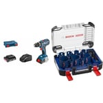 Bosch Professional perceuse-visseuse sans-fil GSR 18V-28 (avec 2 batteries, chargeur, L-Case) + Coffrets 14 de scies trépans Expert Tough Material (Bois avec métal, Ø 20-76 mm, Accessoire)