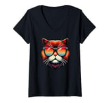 Womens Retro Sunglasses York Chocolate Cat V-Neck T-Shirt