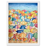 Summer At The Seaside With Colourful Beach Umbrellas On The Sand Watercolour Painting Artwork Framed Wall Art Print A4