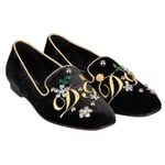 DOLCE & GABBANA Velvet Ballet Flats JACKIE with Logo Embroidery Black Gold 09650