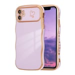 ZTOFERA Compatible with iPhone 11 Case for Girls Women, Cute Curly Wave Frame Shape Soft Silicone Case with Love Heart Pattern Camera Protection Golden Edging Shockproof Bumper Cover, Purple