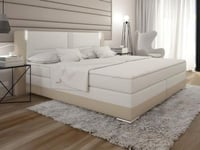 Ensemble complet boxspring tête de lit avec leds + sommiers + matelas + surmatelas - 160 x 200 cm - Simili - Crème et blanc - ASTI