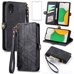 Asuwish Phone Case for Samsung Galaxy A03 Wallet Cover with Tempered Glass Screen Protector and Wrist Strap Leather Flip Zipper Credit Card Holder Stand Cell Accessories A 03 03A Ao3 Women Men Black