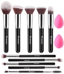 BEAKEY Pinceaux Maquillages Professionnel, Pinceau Maquillage Pour Fond de Teint Blush L'anti-cernes Fard à Paupières Poudre Libre, Avec Blender Eponge(10+2pcs, Noir/Argent)