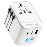 decqle Adaptateur Prise Universelle, Adaptateur Voyage International avec 2 Ports USB-C(GaN 65W) ＆ 1 USB-A, Concerner France vers USA, UK, EU, AU ＆ 224+ Pays (Blanc)