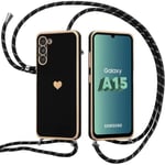 Fodral till Samsung Galaxy A15 4G-5G - Svart - Flytande silikon med pläterat hjärtmönster, nylonsladd, stötsäkert skydd