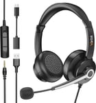 Casque PC avec Microphone, USB/Type - C/3,5 mm Jack 3- en-1 Casque d'ordinateur USB Casque et contrôle de Volume Filaire pour Centre d'appels Skype,Zoom,Bureau à Domicile