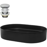 Lavabo en Céramique Noir Mat, 610 x 395 x 125 mm, Ovale, avec Bouchon de Vidange 1 1/4 Universel Push Open, Vasque à Poser Évier Lave-Mains pour