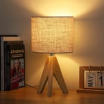 EDISHINE 36cm Wood Bedside Table Lamp, Tripod Desk Lamp with Beige Linen On-Off