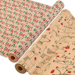 AhfuLife 2 Rouleau Kraft Papier Cadeau Noël, 43cm×15m Recyclable Papier Emballage Cadeaux Noel avec Motifs Fins pour Enfant Emballage des Cadeaux, Décor de Noël (M：Wapiti/Joyeux Noël)