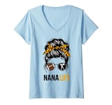 Womens Nana Life Messy Bun Hair Funny Football Cheer Nana Granny V-Neck T-Shirt