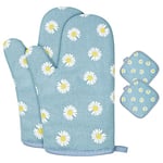 AUAUY Oven Mitts and Potholders, BBQ Gloves Heat Resistant, 1 Pair Oven Mitts and 2 Pot Holders, Cotton Non-Slip Cooking Gloves for Cooking Baking Kitchen Microwave Pizza (Daisy-Blue)