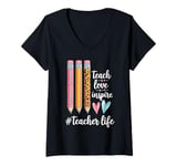 Womens Teacher Life Teach Love Inspire Pencils Inspirational V-Neck T-Shirt