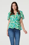 Izabel London Womens Green Floral Frill Detail Peplum Blouse - Size 18 UK