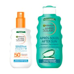 GARNIER Ambre Solaire - Coffret Essentiel Solaire - Routine Protection Solaire et Après-Solaire - Spray Solaire Protecteur FPS 50+ waterproof + Lait Hydratant Apaisant Après-Soleil à l’Aloe Vera