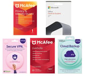 Mcafee LiveSafe (1 year for unlimited devices), Office Home & Student 2021 (Lifetime for 1 user), Secure VPN (1 year subscription, Download), Privacy & Identity Guard (1 year for 1 user) & Cloud Backup (4 TB, 1 year) Bundle