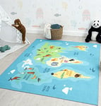 the carpet Happy Life Tapis de Jeu, Lavable, pour la Chambre, Convient aux Enfants, au Motif de la Carte du Monde de la Terre et des Animaux, Bleu, 140 x 200 cm