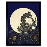 Man In The Full Moon Blue Floral Lunar Illustration Art Print Framed Poster Wall Decor 12x16 inch