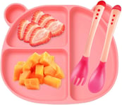 Assiette À Ventouse Pour Bébé Silicone + Cuillère + Fouchette Forte Aspiration Solide Epaisse Antidérapante Set De Table Avec 3 Compartiments(Rose)