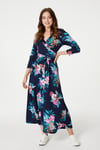 Izabel London Womens Navy Floral Tie Waist Maxi Wrap Dress - Blue - Size 10 UK