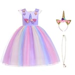 URAQT Robe Licorne Enfant de Princesse, Robe Licorne Fille, Costume Princesse Fille, Robe de Princesse avec Licorne, Unicorn Party,Multicolore(Lila),130 pour les 5-6 ans