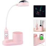 Hacevida Lampe de Bureau Enfant, Lampe de Table D'étude avec Porte-Stylo, Lampe de Chevet à Changement de Couleur Automatique, Lampe de Lecture LED Rechargeable Dimmable pour Enfants (Rose)