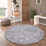 Paco Home Tapis De Salon Poil Long Rond Salon Tapis Shaggy Moderne Poil Long Fausse Fourrure Moelleux Monochrome, Dimension:80 cm Rond, Couleur:Argent