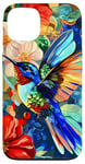 Coque pour iPhone 13 Colibri en verre bleu pop art ethnique floral